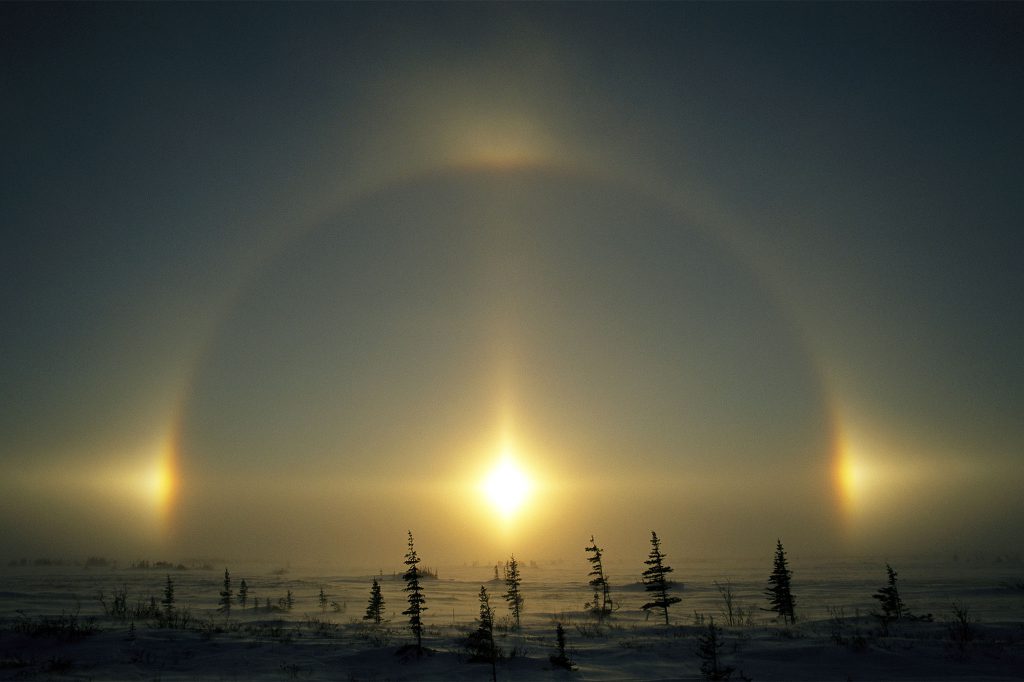 Sunlight and solar phenomena over a snowy landscape with evergreens.